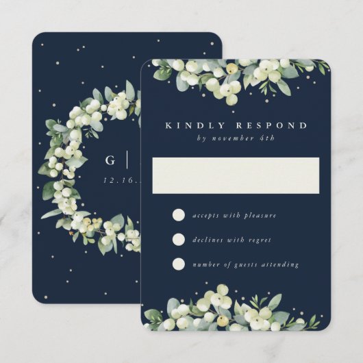 Donkere Navy Snowberry + Eucalyptus Winter bruilof RSVP Kaartje (Voorkant / Achterkant)