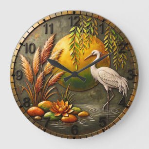 Donkere Nummer Gouden Zen Reiger & Lotus Ronde Acr Grote Klok