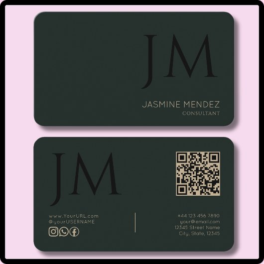 Donkere Obsidiaan Khaki Zwarte Monogram QR Code Mo Visitekaartje