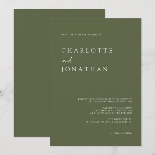 Donkere Olijfgroen Modern Elegant Wedding Kaart (Voorkant / Achterkant)