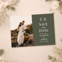 Donkere Olijfgroene Monogram Foto Save the Date Ka Kaart