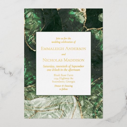 Donkere Olive Green Faux Gemstone Wedding Folie Uitnodiging (Voorkant)