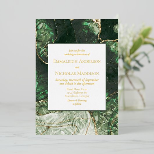 Donkere Olive Green Faux Gemstone Wedding Folie Uitnodiging (Staand Voorkant)