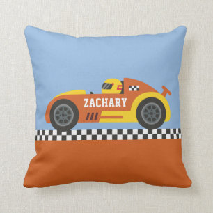 Donkere oranje en gele raceauto jongenskamer decor kussen