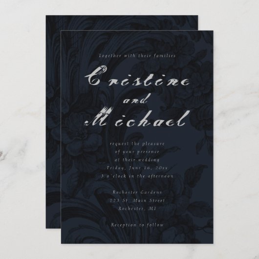 Donkere ornamental elegant script bruiloft kaart (Voorkant / Achterkant)