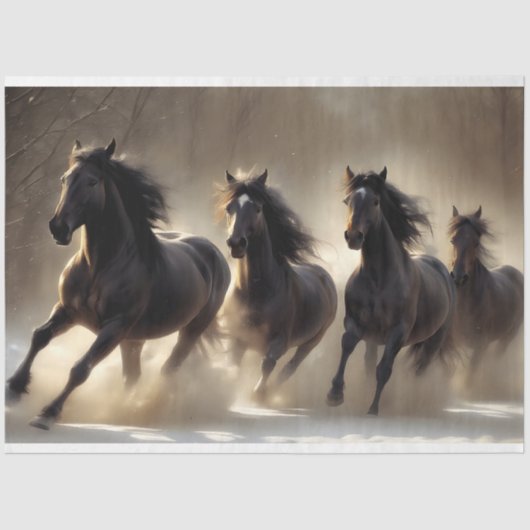 Donkere paardenkudde galopperen in sneeuwdecoupage tissuepapier (Voorkant)