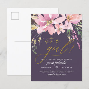 Donkere Paars en goud Het is een meisje-Floral Bab Uitnodiging Briefkaart