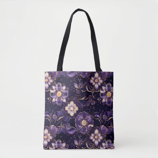 Donkere Paarse bloemen en nepgoud Tote Bag (Voorkant)