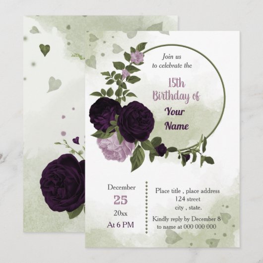 donkere paarse bloemen groen op baarse verjaardag kaart (Voorkant / Achterkant)