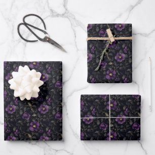 Donkere Paarse Bloemen op Zwart Inpakpapier Vel