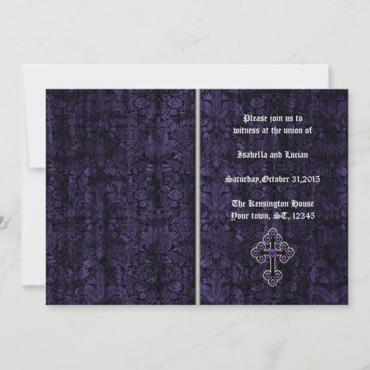 Donkere Paarse Damask Cross Gothic Wedding Kaart (Voorkant)
