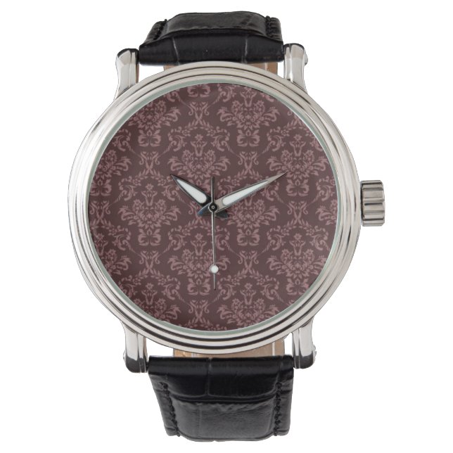 Donkere Paarse Damask Pattern Horloge (Voorkant)