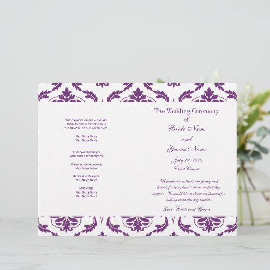 Donkere Paarse  Damask Wedding Program (Staand voorkant)