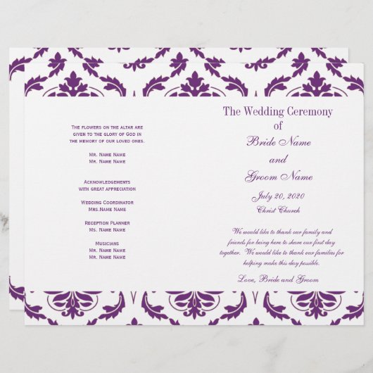 Donkere Paarse Damask Wedding Program (Voorkant / Achterkant)