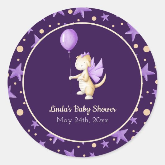 Donkere Paarse draak met ballonmeisje Baby shower Ronde Sticker (Voorkant)