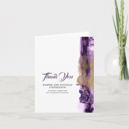 Donkere Paarse en Gouden Glitter Trouw Dank Je Bedankkaart (Voorkant)