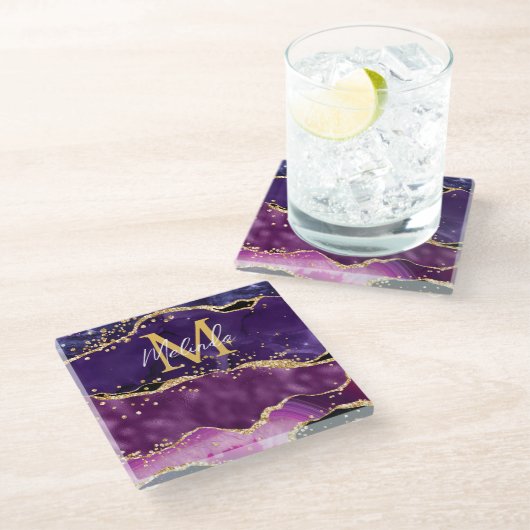 Donkere Paarse en goudglittersequins Agate Glazen Onderzetter (Schuin)