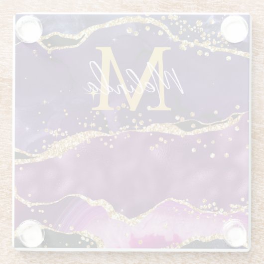 Donkere Paarse en goudglittersequins Agate Glazen Onderzetter (Achterkant)