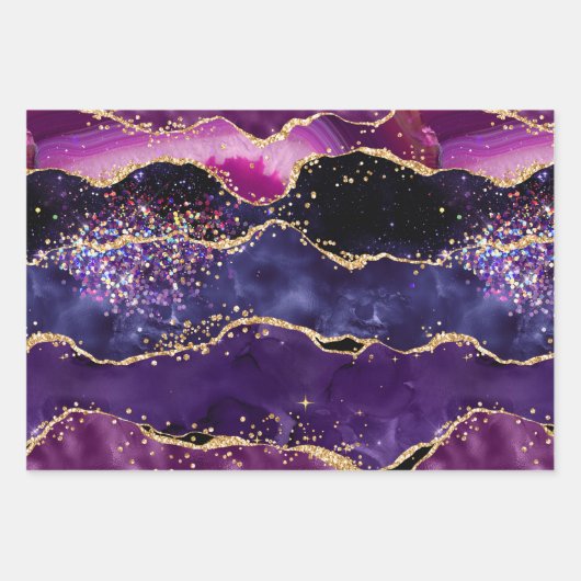 Donkere Paarse en goudglittersequins Agate Inpakpapier Vel (Voorkant)