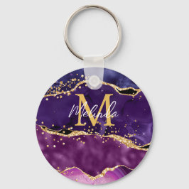 Donkere Paarse en goudglittersequins Agate Sleutelhanger