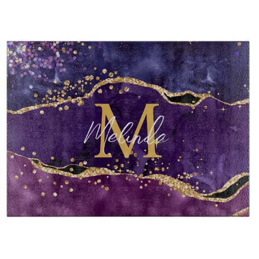 Donkere Paarse en goudglittersequins Agate Snijplank (Voorkant)