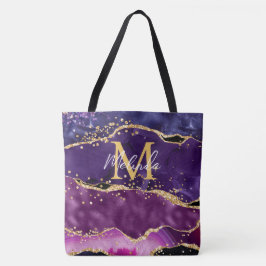 Donkere Paarse en goudglittersequins Agate Tote Bag