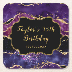Donkere Paarse en goudsequins Agate Birthday Kartonnen Onderzetters