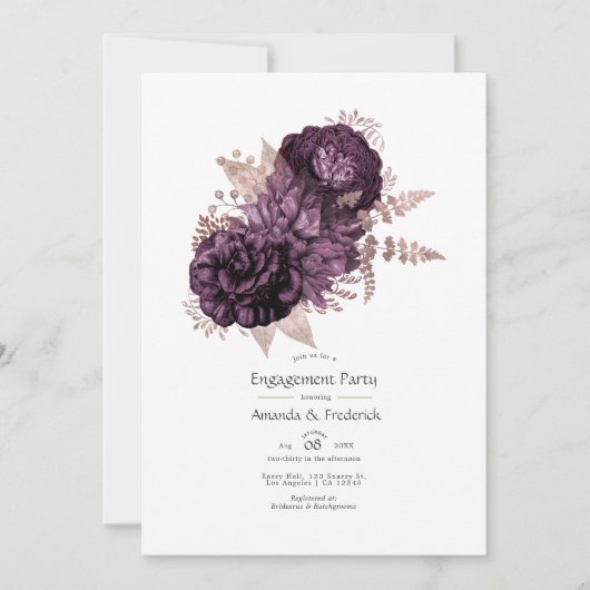 Donkere Paarse en Roos Gold Floral Engagement Part Kaart (Voorkant)