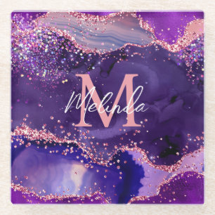 Donkere Paarse en roze glittersequins Agate Glazen Onderzetter