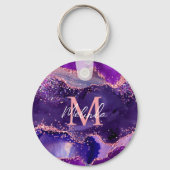 Donkere Paarse en roze glittersequins Agate Sleutelhanger (Voorkant)