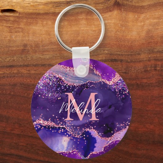Donkere Paarse en roze glittersequins Agate Sleutelhanger (Achterkant)
