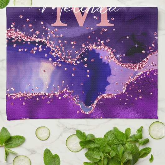 Donkere Paarse en roze glittersequins Agate Theedoek (Gevouwen)