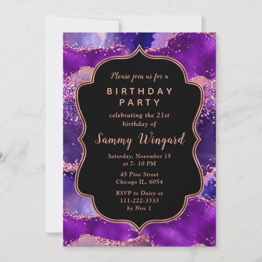 Donkere Paarse en roze sequins Agate Birthday Kaart (Voorkant)
