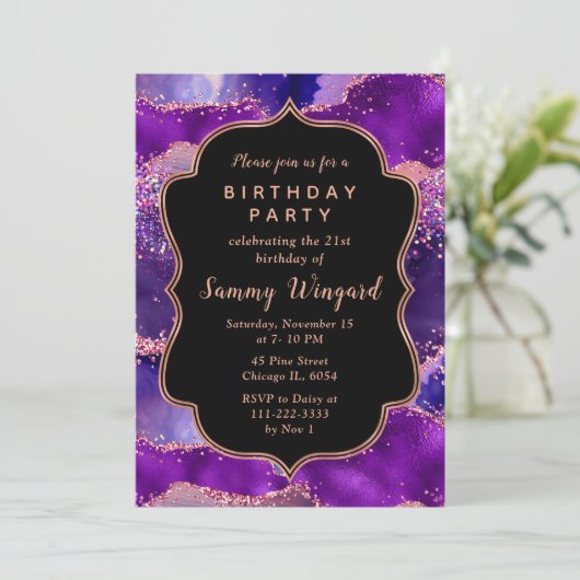 Donkere Paarse en roze sequins Agate Birthday Kaart (Staand voorkant)