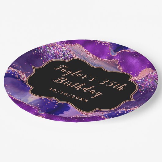 Donkere Paarse en roze sequins Agate Birthday Papieren Bordje (Gekanteld)