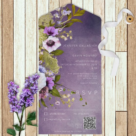 Donkere Paarse en zwarte groene Floral Modern QR C All In One Uitnodiging