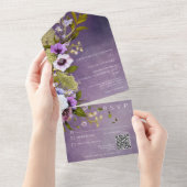 Donkere Paarse en zwarte groene Floral Modern QR C All In One Uitnodiging (Afscheurbaar)