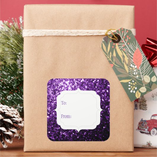 Donkere Paarse faux glitter sprankelt van cadeau L Vierkante Sticker (Feestdagen)