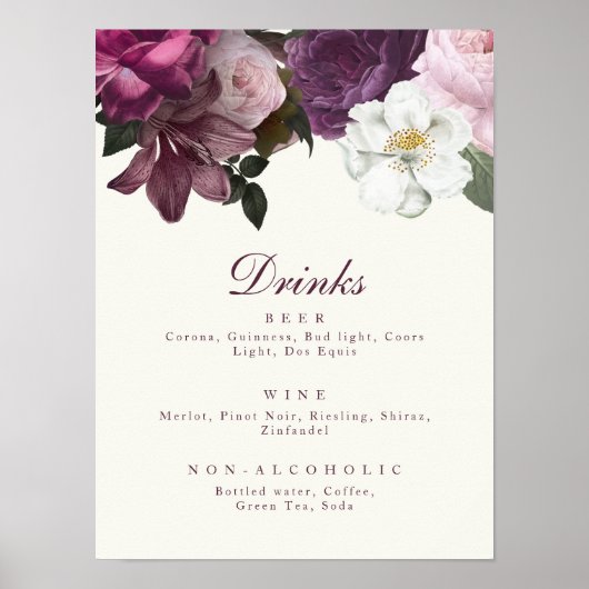 Donkere Paarse Floral Drink Menu Poster (Voorkant)