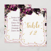 Donkere Paarse Floral Gold Table Number Kaart (Voorkant / Achterkant)