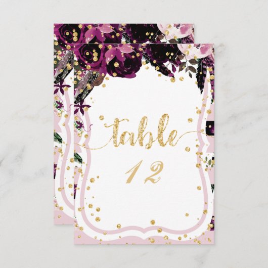 Donkere Paarse Floral Gold Table Number Kaart (Voorkant / Achterkant)