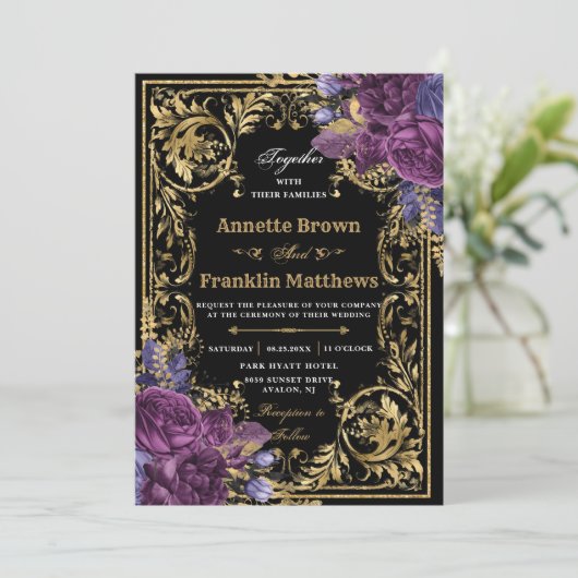 Donkere Paarse Floral   goudhuwelijk Kaart (Staand voorkant)