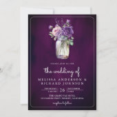 Donkere Paarse Floral Mason Jar QR Code Moody Wedd Kaart (Voorkant)
