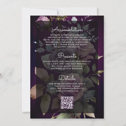 Donkere Paarse Floral Mason Jar QR Code Moody Wedd Kaart (Achterkant)