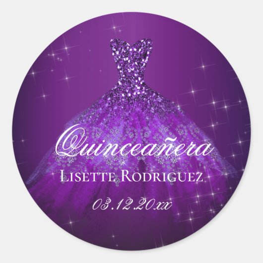 Donkere Paarse gepersonaliseerde Quinceanera Ronde Sticker (Voorkant)