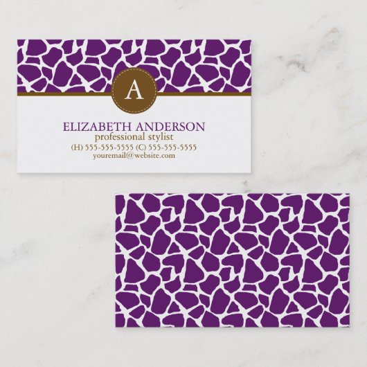Donkere Paarse Giraffe Pattern Monogram Visitekaartje (Voorkant / Achterkant)