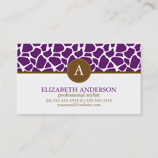 Donkere Paarse Giraffe Pattern Monogram Visitekaartje (Voorkant)