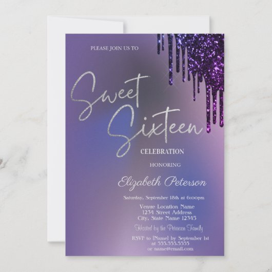 Donkere Paarse Glitter Druppels Paarse Sweet 16  Kaart (Voorkant)