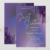Donkere Paarse Glitter Druppels Paarse Sweet 16  Kaart (Voorkant / Achterkant)