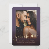 Donkere Paarse Gold Script en marmer Photo Overlay Save The Date (Voorkant)